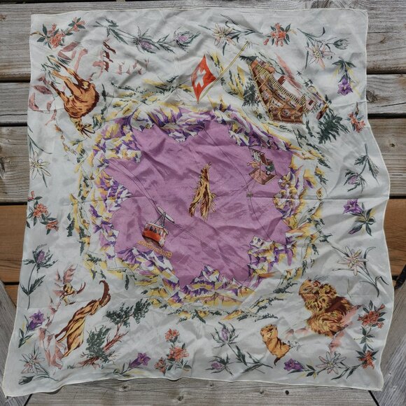 VINTAGE Trübsee Titlis Switzerland SILK Scarf 26" x 25" INTRICATE SKI Uri Alps - Picture 1 of 3